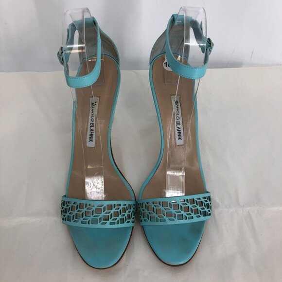 Manolo  Blahnik Maurila Turquoise Geometric Laser Cut Sandal Heels Leather 41 - Picture 11 of 16